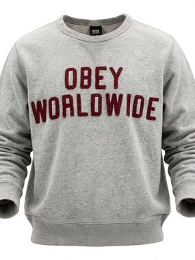 Obey Light Gray Crewneck with Maroon 'Obey Worldwide' Applique